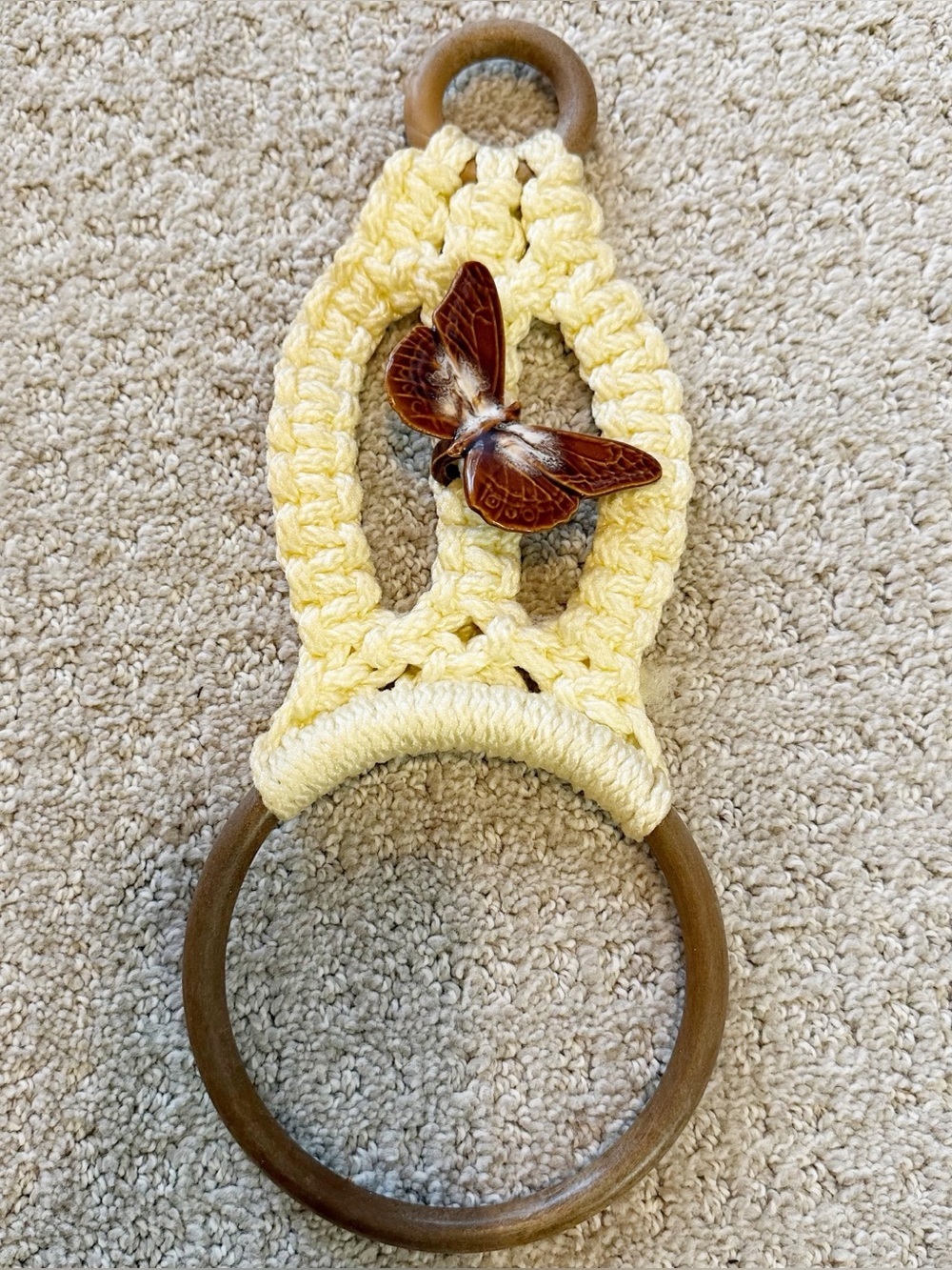 1970s Macrame Towel Holder Brown Ceramic Butterfly Handmade Hanging Boho Vintage